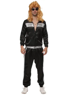Retro 80s Mens Black and Silver Shell Suit Costume
