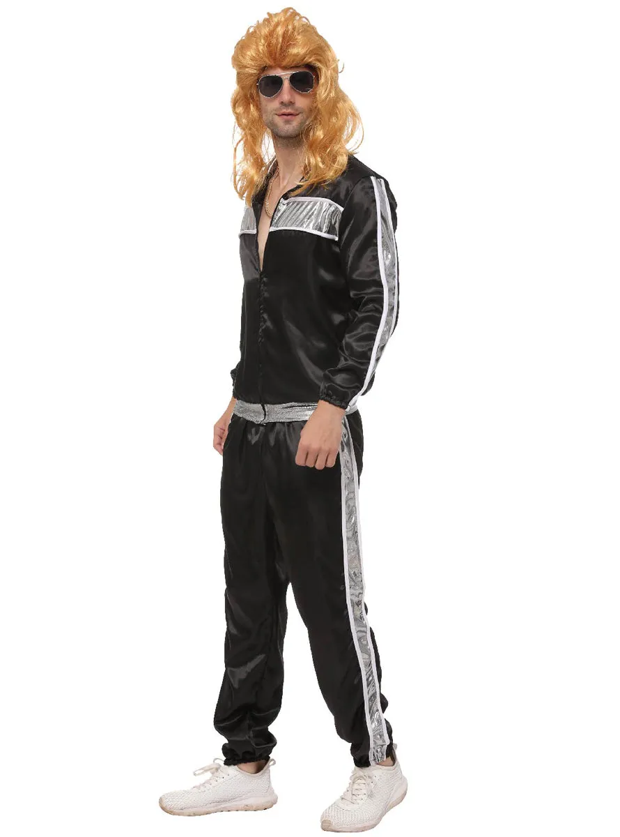 Retro 80s Mens Black and Silver Shell Suit Costume