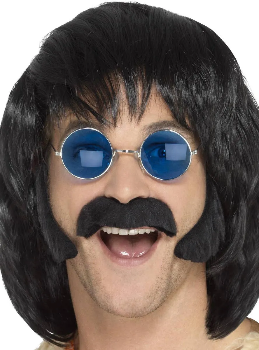 Retro Hippie Mens Black Moustache and Sideburns Set