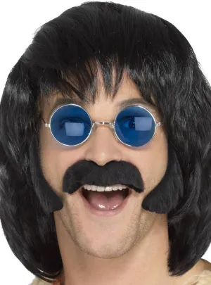 Retro Hippie Mens Black Moustache and Sideburns Set
