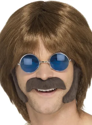 Retro Hippie Mens Brown Moustache and Sideburns Set