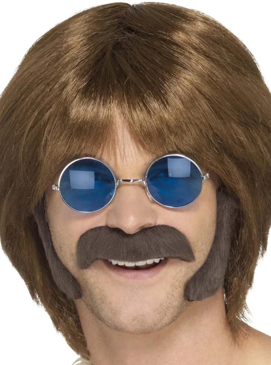 Retro Hippie Mens Brown Moustache and Sideburns Set