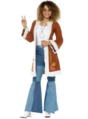 Retro Womens Brown Fur Trim 1970s Costume Coat