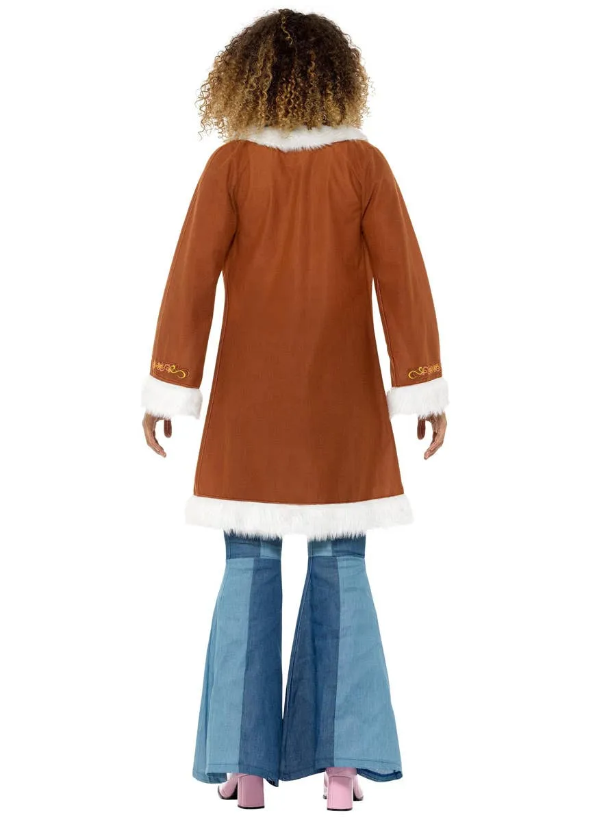 Retro Womens Brown Fur Trim 1970s Costume Coat