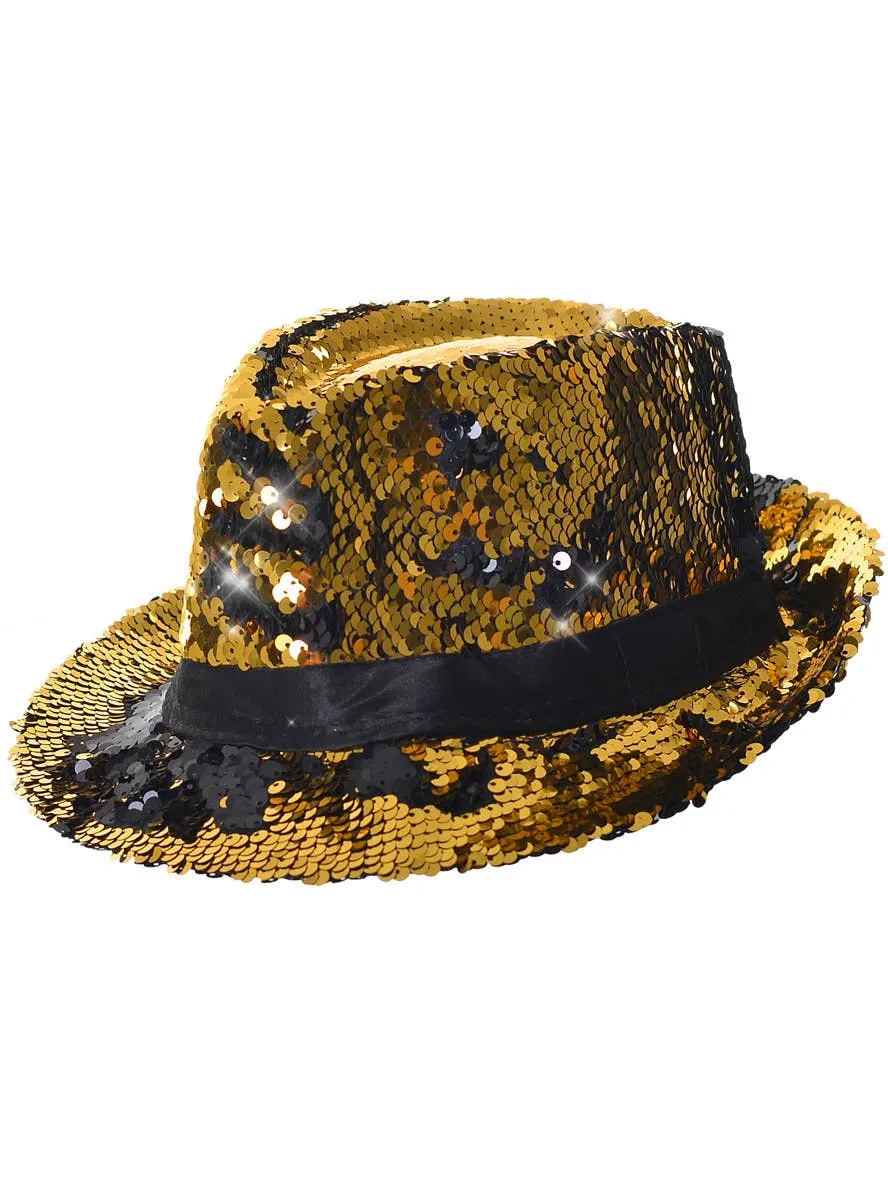 Reversible Black and Gold Sequin Fedora Hat