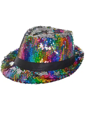Reversible Silver and Rainbow Sequinned Fedora Costume Hat