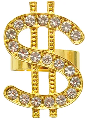 Rhinestone Gold Adjustable Dollar Sign Costume Ring