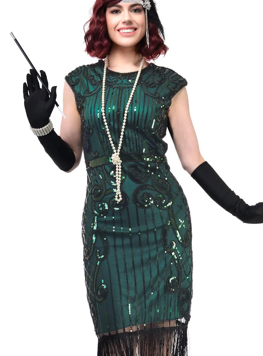 Ritzy Green Sequinned Womens 1920s Gatsby Dress Costume