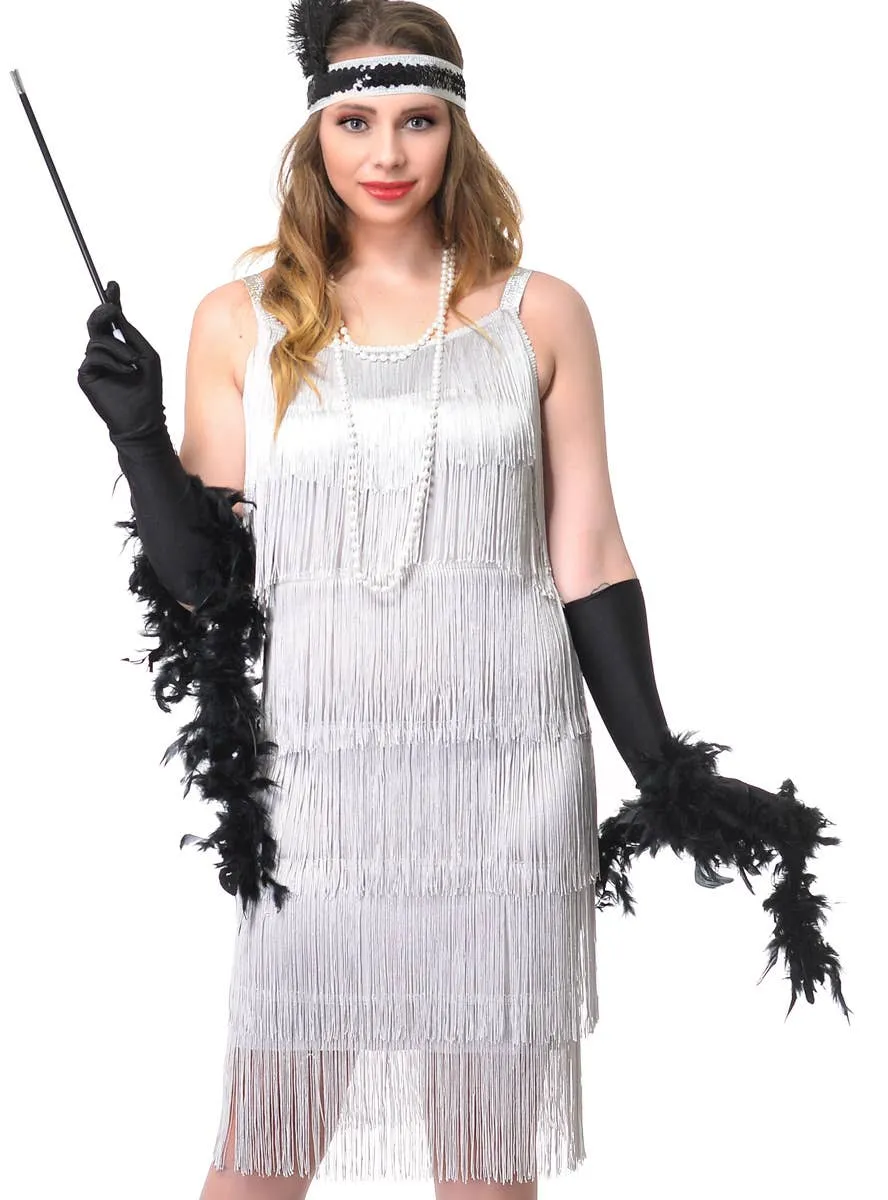 Ritzy Womens Silver Fringed 1920s Flapper Dress Costume