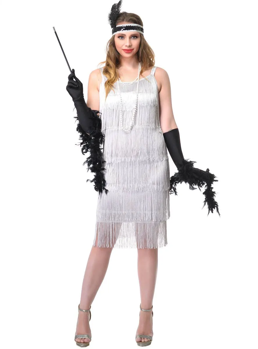 Ritzy Womens Silver Fringed 1920s Flapper Dress Costume