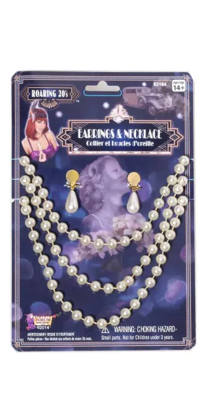 Roaring 20s Womens Pearl Clip On Earrings And Necklace Set