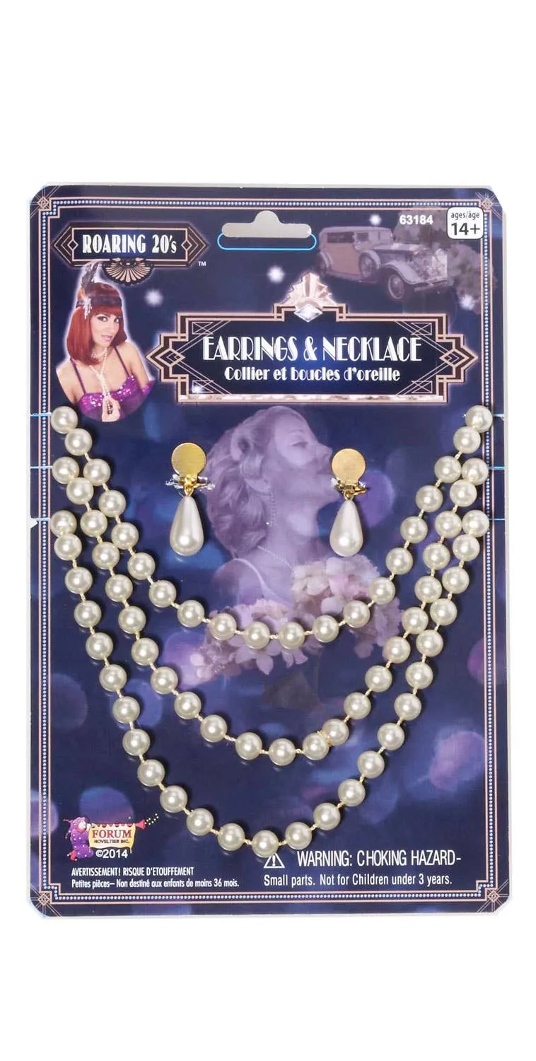 Roaring 20s Womens Pearl Clip On Earrings And Necklace Set