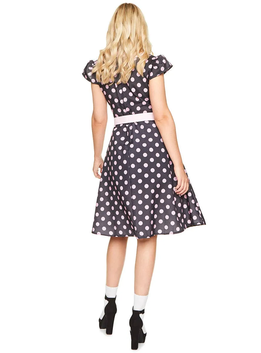 Rock N' Roll Womens 1950s Black and Pink Polka Dot Costume