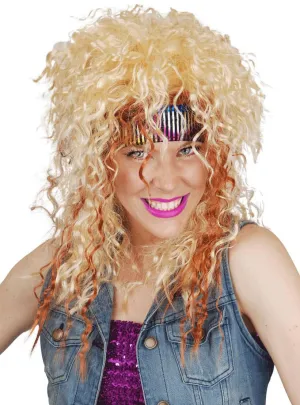 Rocker Womens Blonde 1980s Curly Costume Wig