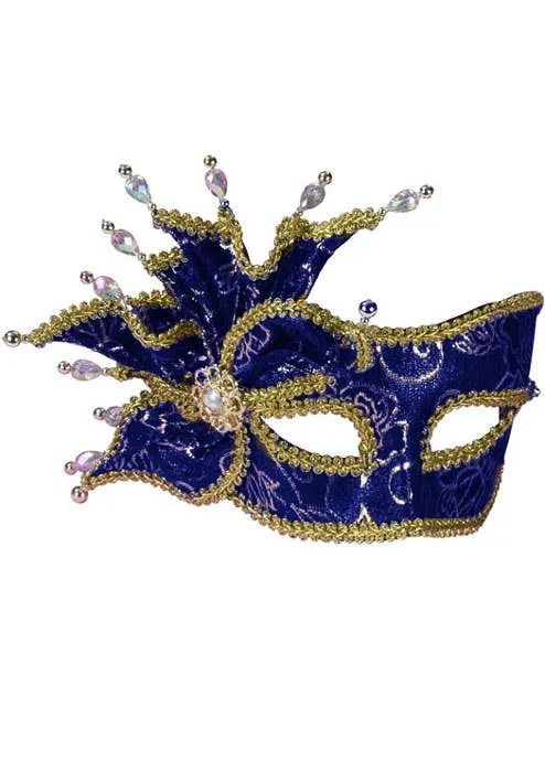 Rose Blue and Gold Brocade Masquerade Mask on Headband