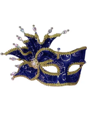 Rose Blue and Gold Brocade Masquerade Mask on Headband