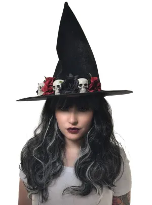 Rose Embellished Black Witch Hat with Skulls