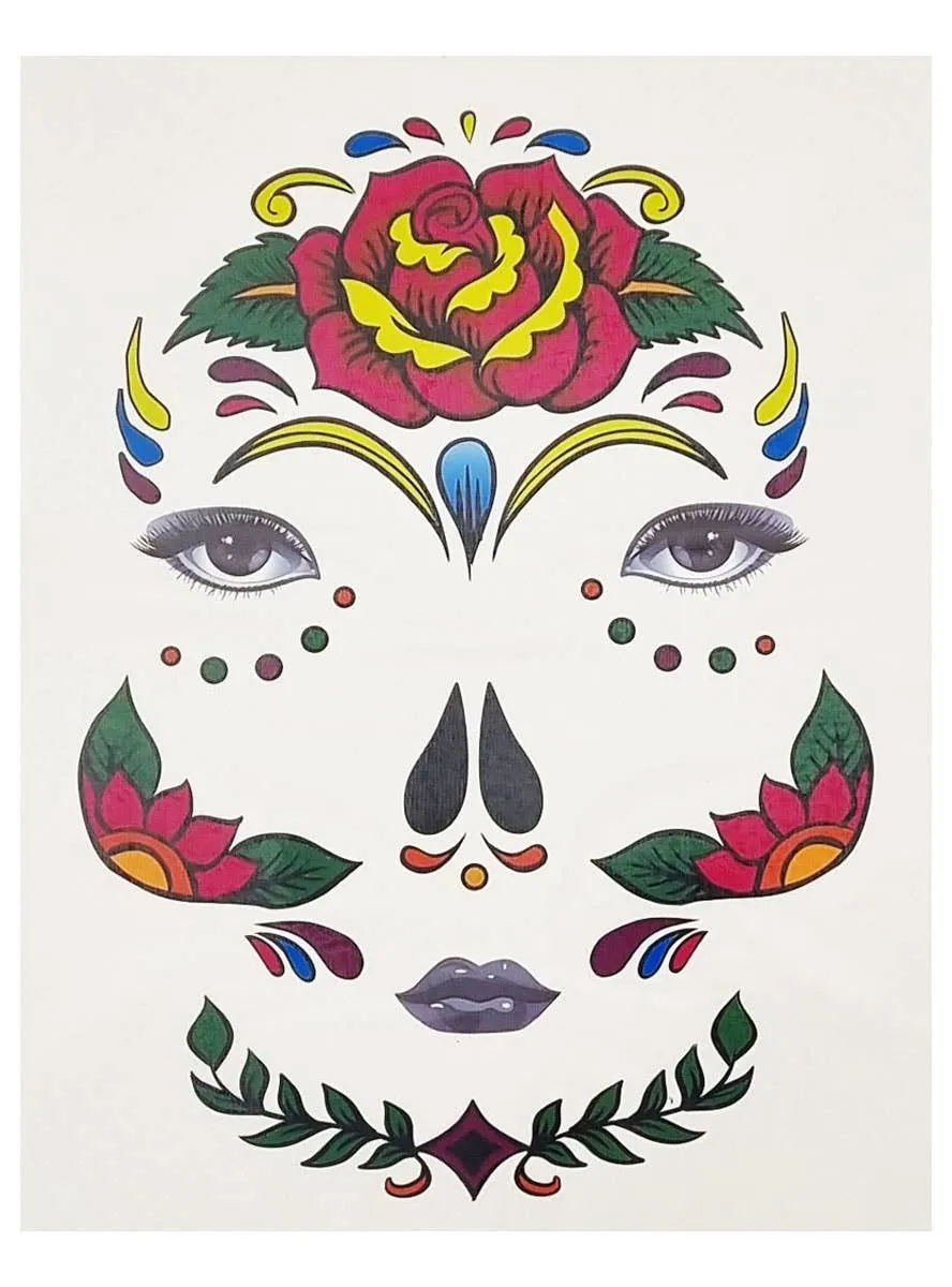 Rose Sugar Skull Day of the Dead Temporary Face Tattoo