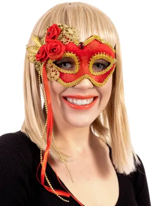 Rosette Red and Gold Velvet Masquerade Mask