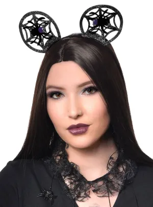 Round Black Glitter Spiderweb Ears with Spider Halloween Headband
