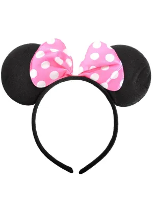 Round Black Mouse Ears on Headband with Pink Bow