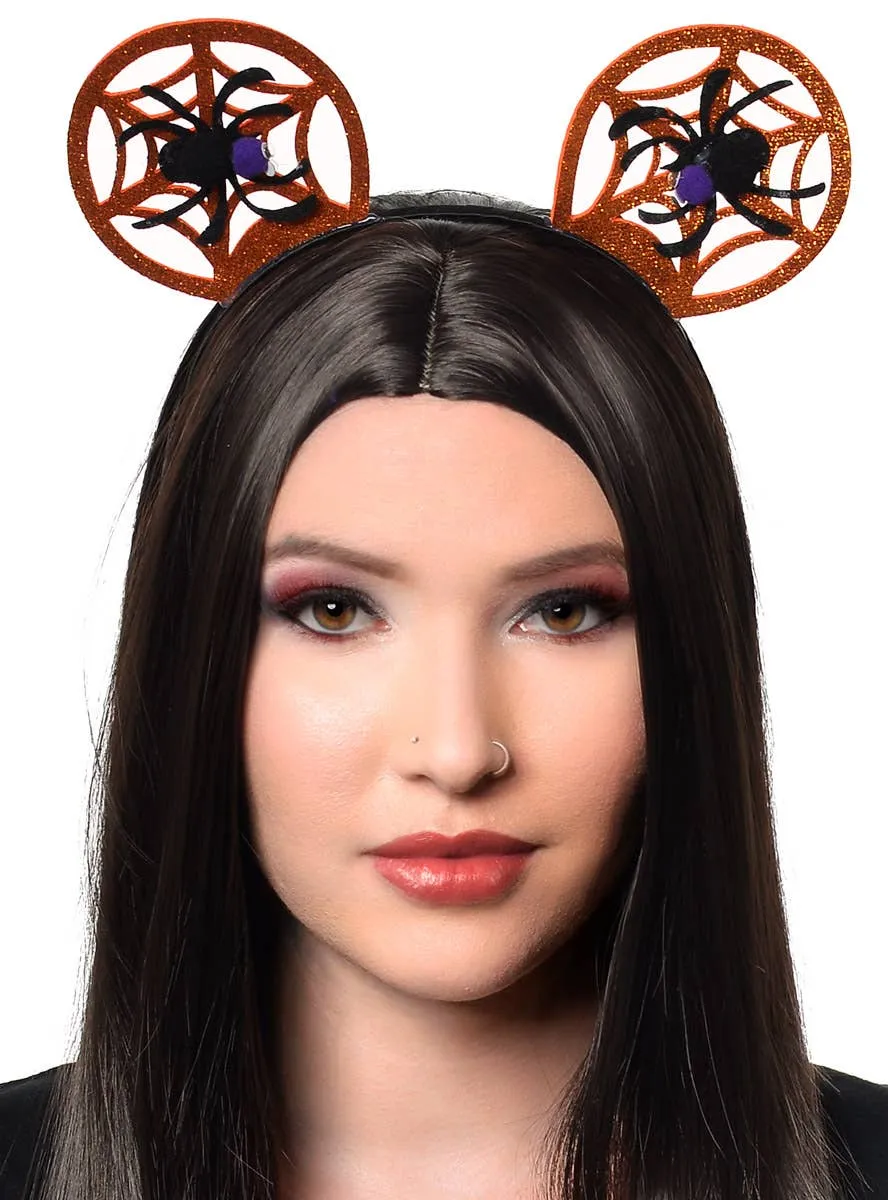 Round Orange Glitter Spiderweb Ears with Spider Halloween Headband