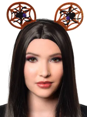 Round Orange Glitter Spiderweb Ears with Spider Halloween Headband