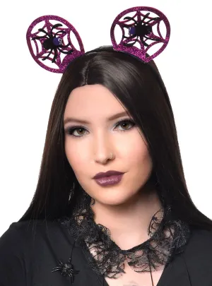 Round Pink Glitter Spiderweb Ears with Spider Halloween Headband