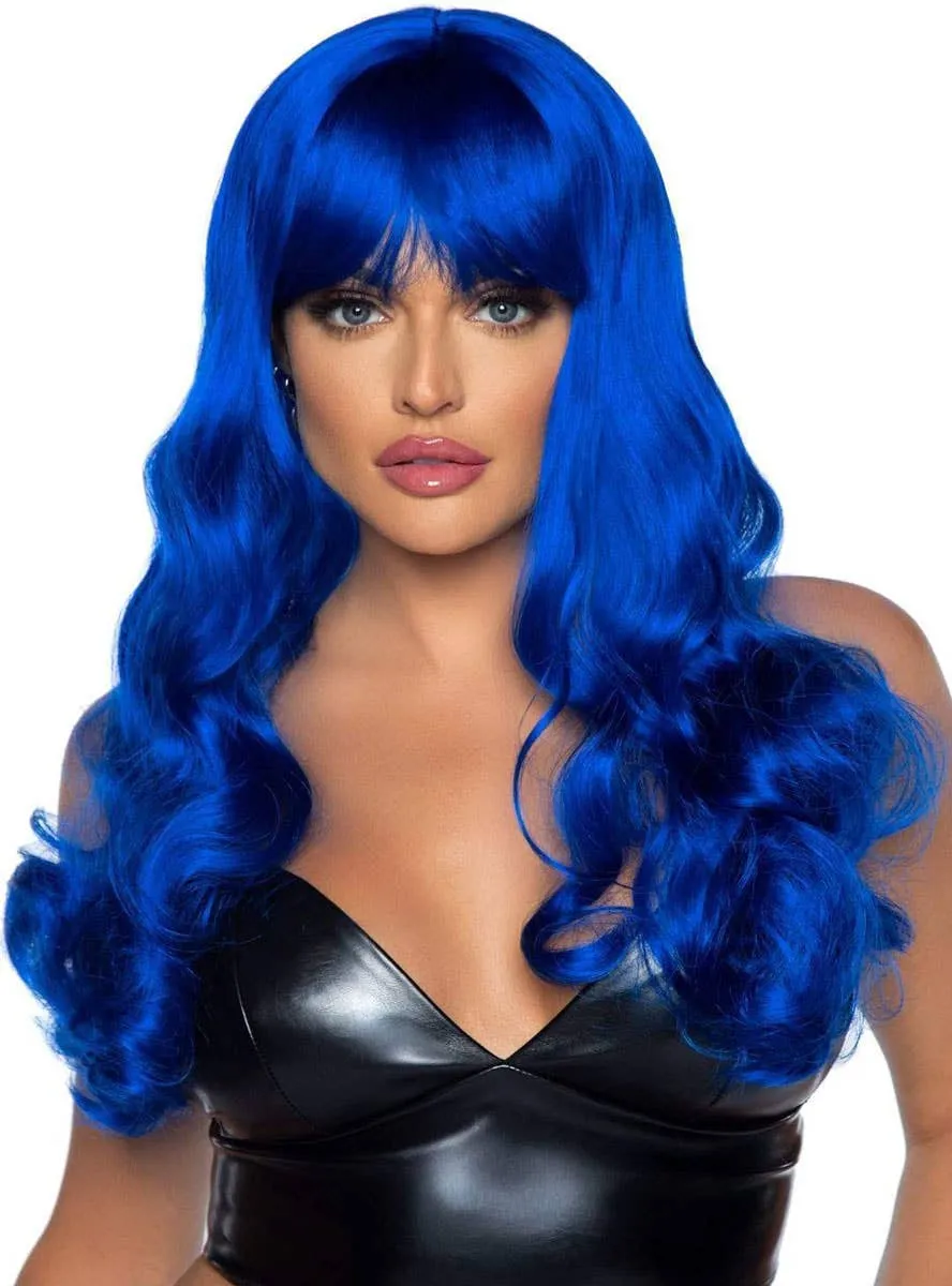 Royal Blue Long Curly Womens Costume Wig with Fringe