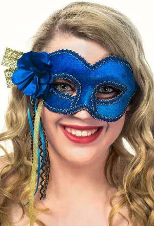 Royal Blue Velvet Masquerade Mask on Glasses Arms
