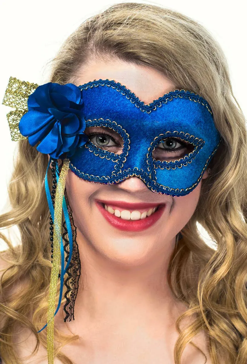 Royal Blue Velvet Masquerade Mask on Glasses Arms