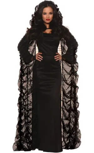 Ruched Black Tulle Women's Halloween Hooded Coffin Cape