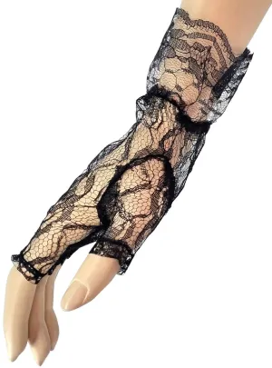 Ruffled Black Lace Fingerless Costume Gloves