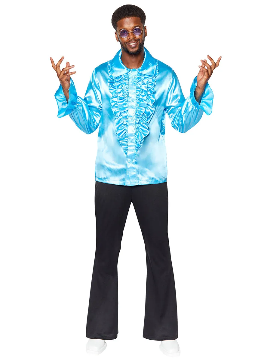 Ruffled Mens 70s Disco Blue Satin Costume Shirt