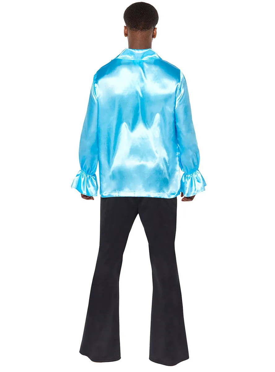 Ruffled Mens 70s Disco Blue Satin Costume Shirt