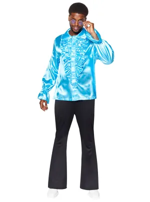 Ruffled Mens 70s Disco Blue Satin Costume Shirt