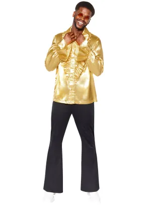 Ruffled Mens 70s Disco Gold Satin Costume Shirt