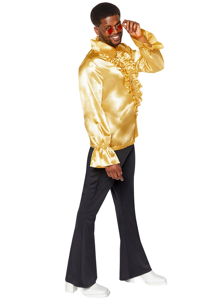 Ruffled Mens 70s Disco Gold Satin Costume Shirt