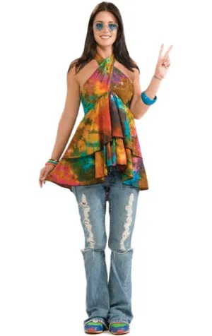 Ruffled Womens Tie Dye Halterneck Hippie Costume Top