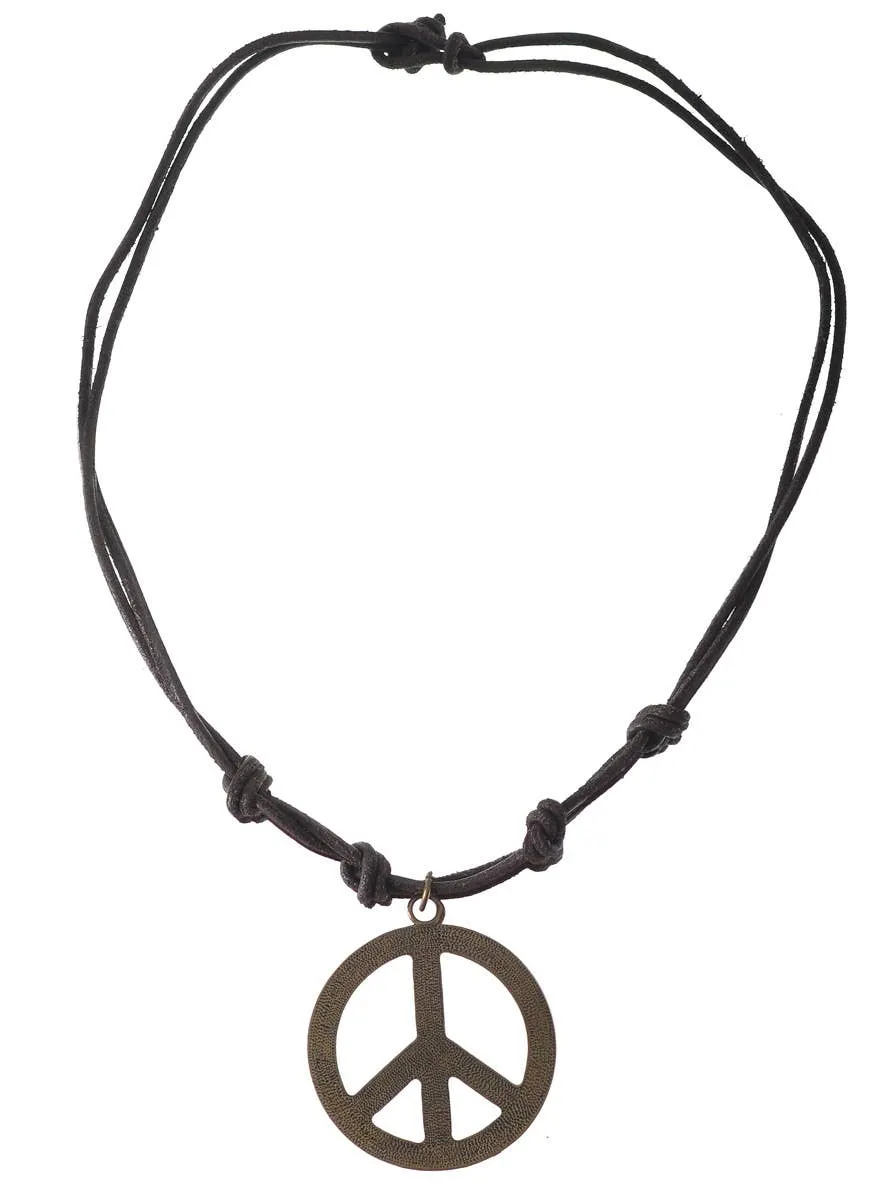 Rustic Bronze Peace Sign with Leather Cord Hippie Jewellery