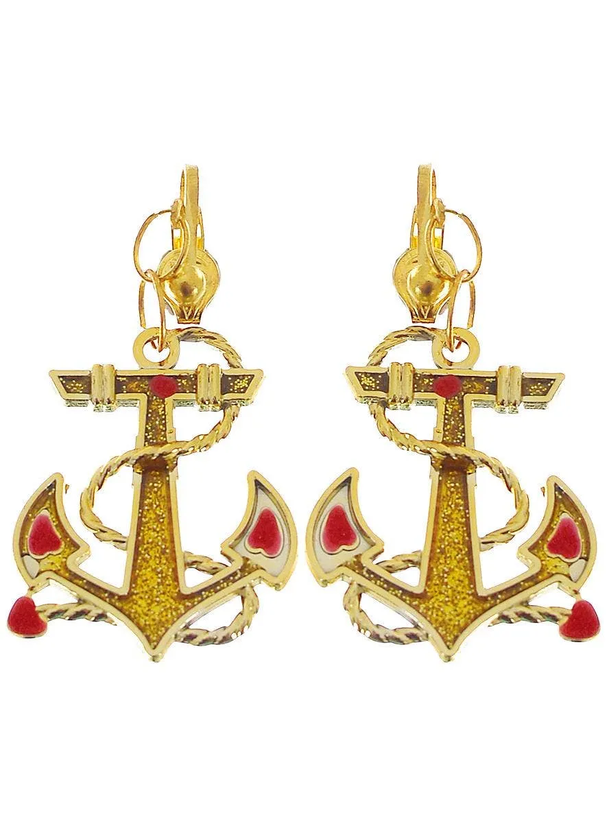 Sailor Girl Clip On Gold Anchor Costume Earrings