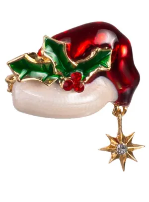 Santa Hat with Holly Jewelled Enamel Christmas Brooch