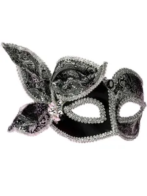 Satin Black and Silver Brocade Masquerade Mask on Headband