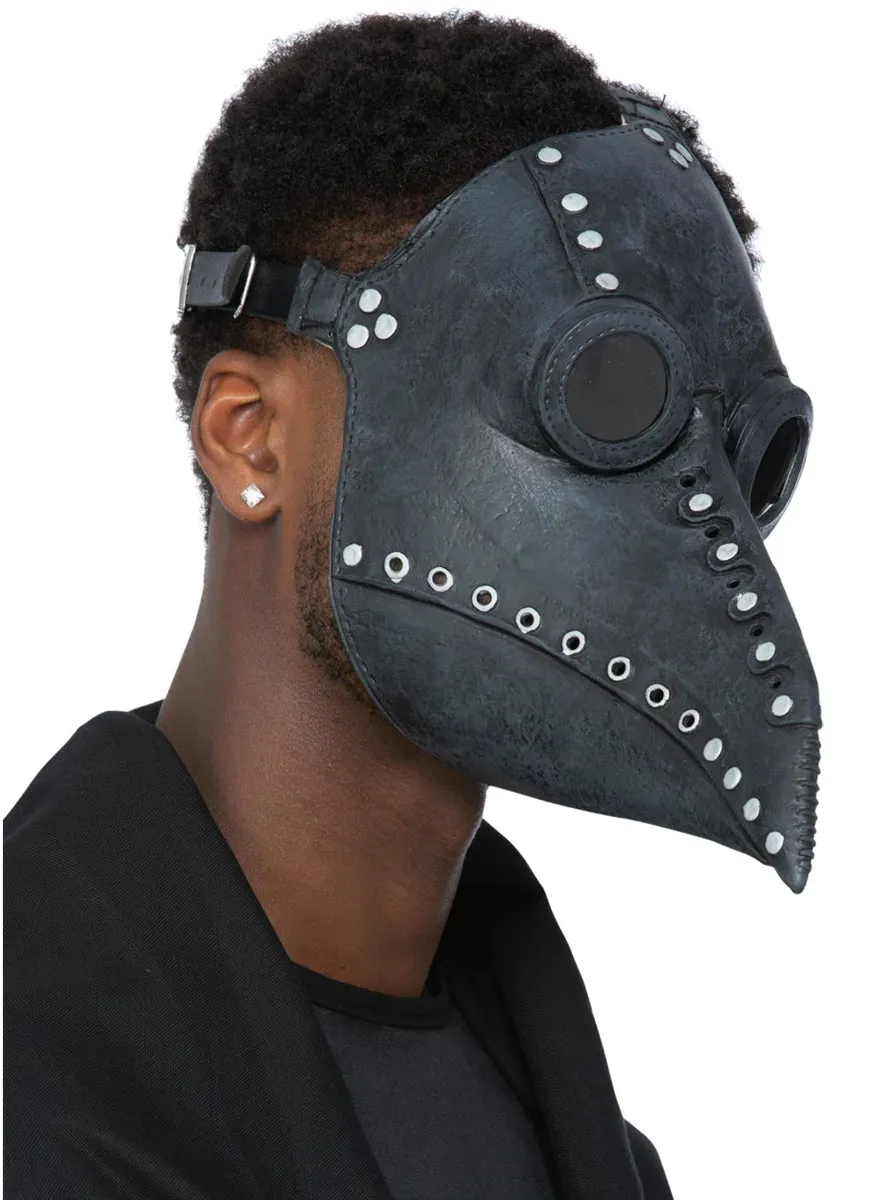 Scary Mens Black Latex Halloween Plague Doctor Mask