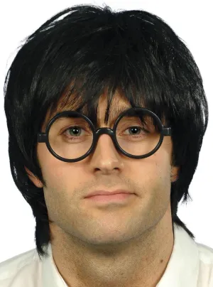Schoolboy Mens Short Black Wig and Glasses Set