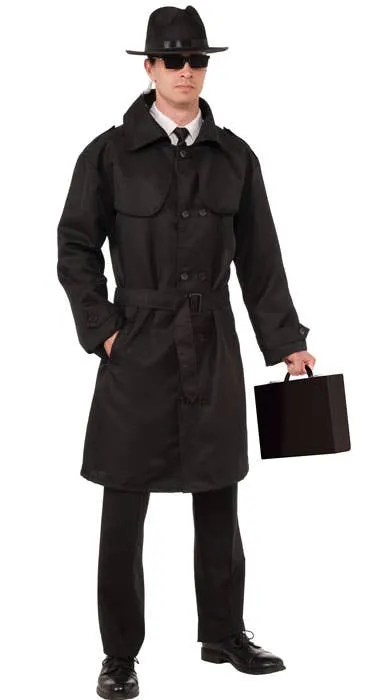 Secret Agent Mens Black Costume Trench Coat