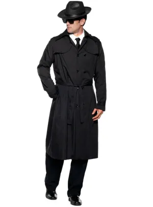 Secret Agent Spy Black Trench Coat Mens Costume