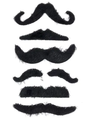 Self Adhesive Black Costume Moustache Set of 6