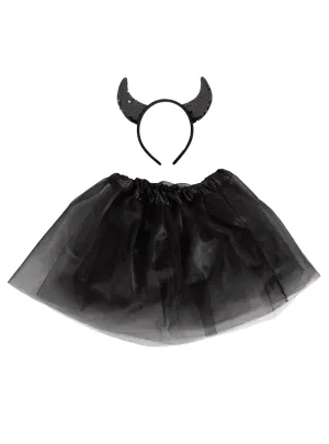 Sequined Black Devil Girls Headband And Tutu Halloween Costume Set