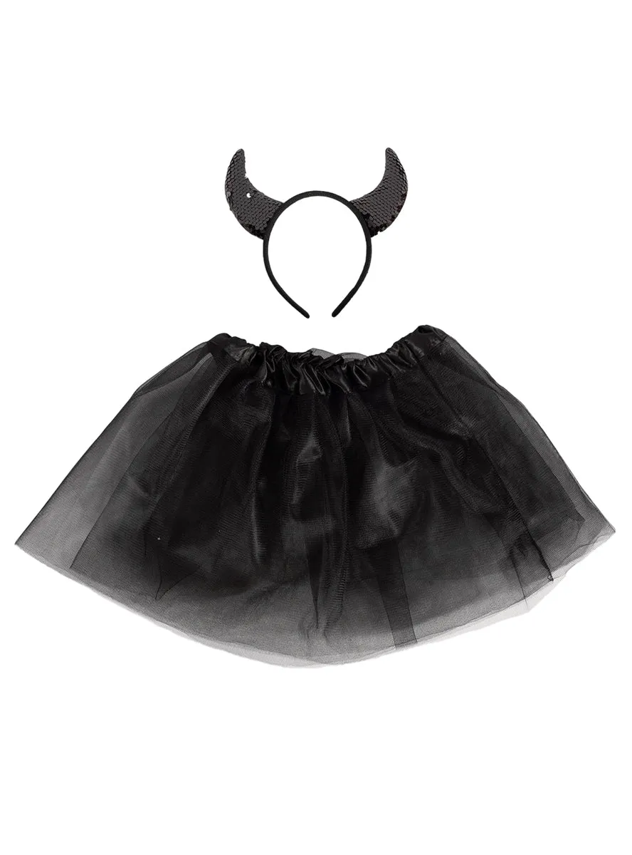 Sequined Black Devil Girls Headband And Tutu Halloween Costume Set